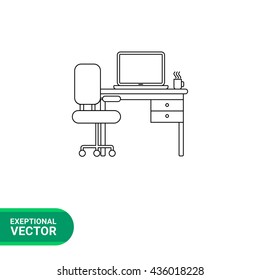 Computer desk and chair line icon