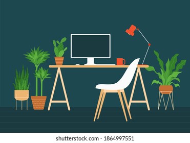 Computer desk and chair with monitor. Home office, work place with indoor plants. The concept of remote work, freelancing, programming, coding, e-learning. Vector illustration on dark background