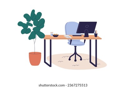 Computer desk, chair and plant. Workplace with work furniture. Home office interior design. Desktop PC on table, armchair, houseplant and carpet. Flat vector illustration isolated on white background