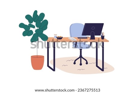 Computer desk, chair and plant. Workplace with work furniture. Home office interior design. Desktop PC on table, armchair, houseplant and carpet. Flat vector illustration isolated on white background