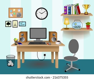 Computer desk decor, colorful retro creative office work space with pc. Wall with blue and white wallpaper, shelves, picture and clock. The office of a creative worker. vector art image illustration 