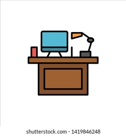 Computer, Desk, Desktop, Monitor, Office, Place, Table  Flat Color Icon. Vector icon banner Template