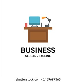 Computer, Desk, Desktop, Monitor, Office, Place, Table Business Logo Template. Flat Color