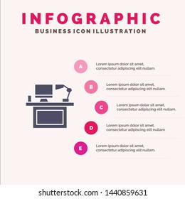 Computer, Desk, Desktop, Monitor, Office, Place, Table Solid Icon Infographics 5 Steps Presentation Background