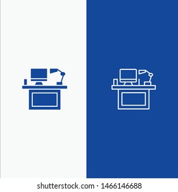 Computer, Desk, Desktop, Monitor, Office, Place, Table Line and Glyph Solid icon Blue banner Line and Glyph Solid icon Blue banner. Vector Icon Template background