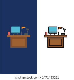 Computer, Desk, Desktop, Monitor, Office, Place, Table  Icons. Flat and Line Filled Icon Set Vector Blue Background. Vector Icon Template background