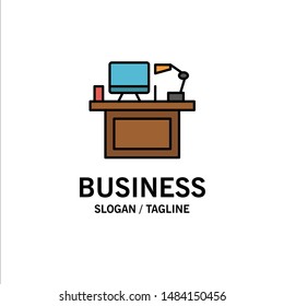 Computer, Desk, Desktop, Monitor, Office, Place, Table Business Logo Template. Flat Color. Vector Icon Template background