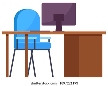 Computer desk, empty workplace cartoon, business concept, vector. omputer monitor on the table, office comfortable blue chair. Office room conceptual banner flat style on white background
