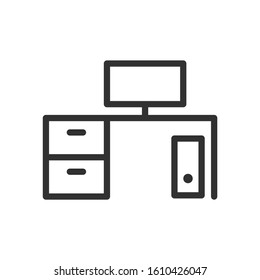 computer desk, furniture, linear icon. Editable stroke