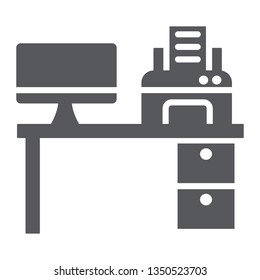 Computer desk glyph icon, office and table, workplace sign, vector graphics, a solid pattern on a white background, eps 10.