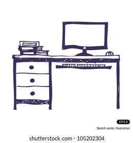 Computer desk. Hand drawn sketch illustration isolated on white background