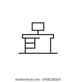 Computer desk icon. Features a streamlined modern computer desk with a monitor, ideal for web and app design related to office furniture, home offices, and workspaces. Vector illustration