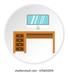 Computer desk icon in flat circle isolated vector illustration for web