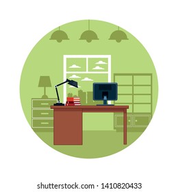 computer desk icon with light and books in round icon with office background vector illustration graphic design