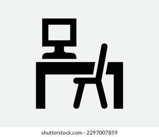 Computer Desk Icon. Monitor Screen Table Chair Workplace Desktop Work Furniture Workspace Icon Sign Symbol Artwork Graphic Illustration Clipart Vector