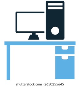 Computer desk icon vector, representing a workspace, digital environment, and productivity hub. Ideal for home offices, remote work, and illustrating modern computing setups.