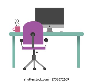 Computer desk illustration in flat color style. Table, computer, chair and coffee.