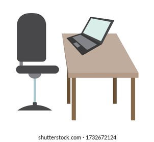 Computer desk illustration in flat color style. Table, computer and chair.