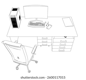 A computer desk with a keyboard, mouse, and a monitor. A chair is placed in front of the desk