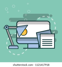 computer desk lamp paper notes office