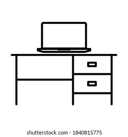Computer desk with laptop icon in modern outline style design. Vector illustration isolated on white background.