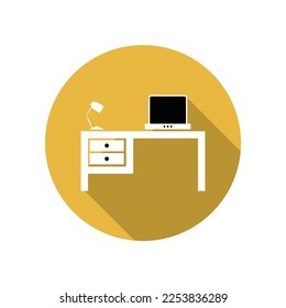 Computer desk, laptop and desk lamp, flat icons in circles with long shadows vector illustration