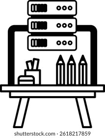 A computer desk with a laptop a pencil holder and a cup of pens