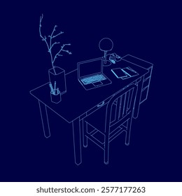 Computer desk with a laptop, a vase, and a book. The desk is blue, and the laptop is on top of it. The vase is on the left side of the desk