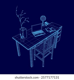 Computer desk with a laptop, a vase, and a chair. The vase is filled with flowers and the laptop is open. The chair is positioned in front of the desk