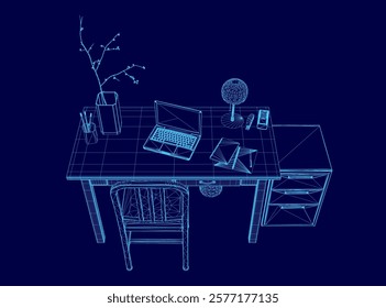 Computer desk with a laptop, a vase, a lamp, and a book. The vase is placed on the left side of the desk