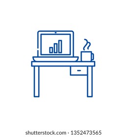 Computer desk line icon concept. Computer desk flat  vector symbol, sign, outline illustration.