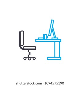 Computer desk linear icon concept. Computer desk line vector sign, symbol, illustration.