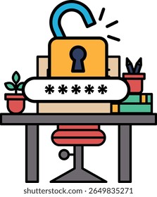 Un escritorio de ordenador con una caja cerrada y una silla. La caja tiene una Contraseña. El escritorio está lleno de libros, una maceta y un teclado. La escena es la de un espacio de trabajo