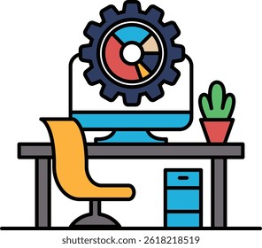 A computer desk with a monitor, a chair, and a potted plant. The monitor is a large screen with a gear on it. The desk is organized and clean, with a comfortable chair