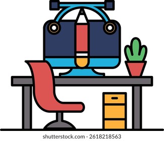 A computer desk with a monitor, a chair, and a potted plant. The desk is set up for work or study