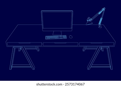 Computer desk with a monitor and keyboard on it. The desk is blue and the monitor