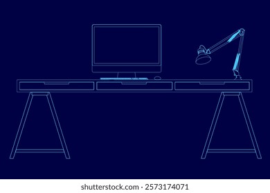 Computer desk with a monitor and keyboard on it. The desk is blue and has a lamp on it