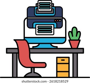 A computer desk with a monitor, a printer, a chair, and a potted plant. The desk is organized and clean, with a comfortable chair and a well-maintained plant. Concept of productivity and focus