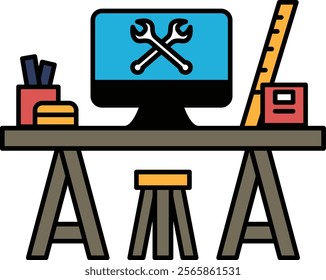 A computer desk with a monitor, ruler, and a pair of wrenches. The desk is cluttered with various items, including a book, a cup, and a bottle. Concept of productivity and organization