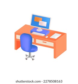 Computer desk with office chair 3D illustration. Drawing of working place or room of office worker with table and equipment in 3D style on white background. Workplace, business, technology concept