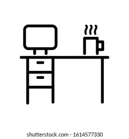 Computer desk, pc, desktop web line icon, outline isolated on white background EPS Vector 