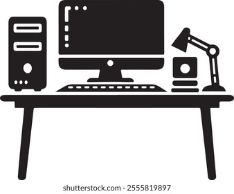 Computer desk with PC icon with  a lamp and soundbox in modern silhouette style design. Vector illustration isolated on white background.