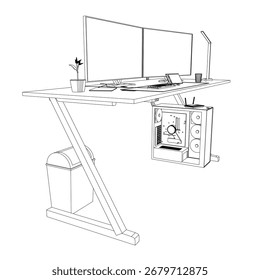 Configuração da mesa do computador com monitor, teclado, mouse e CPU, apresentando uma planta e outros objetos em estilo de desenho de linha de contorno limpo.