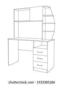 Computer Desk With Shelves And Drawers For Work At Home Or Remote Computer Work. Simple Black White Background Image For Banner Or Catalog Decoration. 