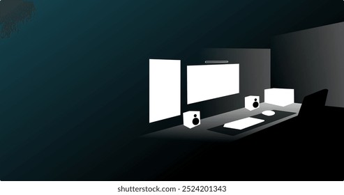 computer desk silhouette setup on the dark background vector