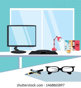 computer desk with supplies office in the workplace
