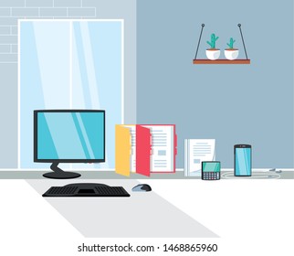 computer desk with supplies office in the workplace