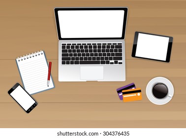 Computer desk top view, workplace cartoon, business concept, vector