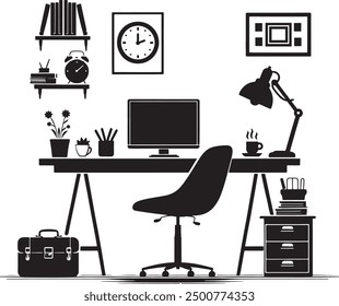 Computer Desk Vector Silhouette: Modern Computer Table Icons  Room Decor Illustrations  EPS 10