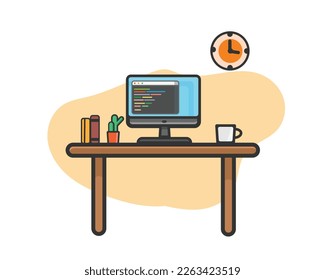 computer desk with wall clock and book illustration for web poster, presentation, print